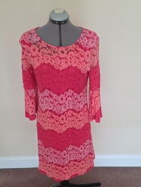 Pink Coral Lace Stripe Shift Dress